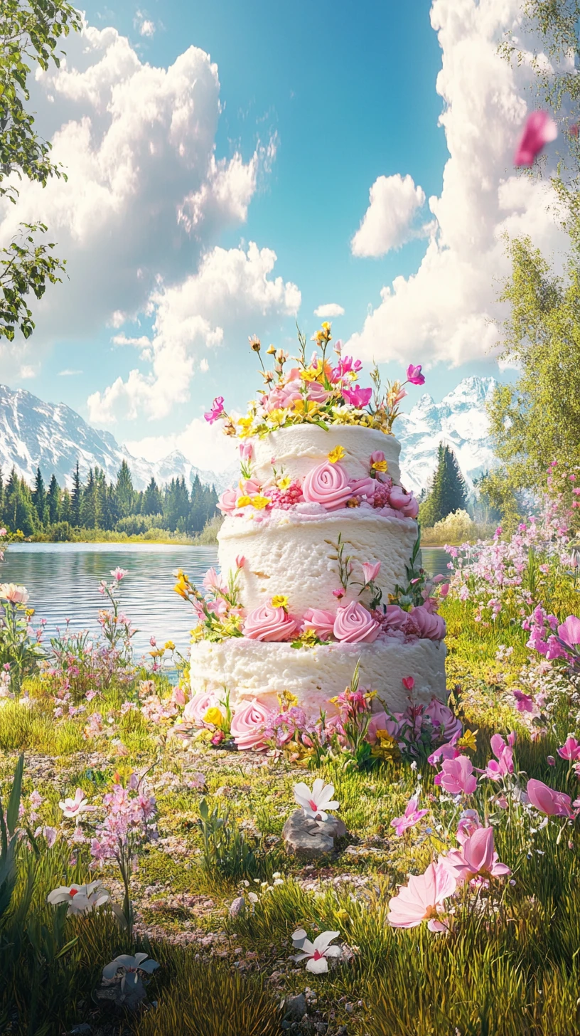 Gâteau glacé dans un pré d’été au bord d’un lac calme