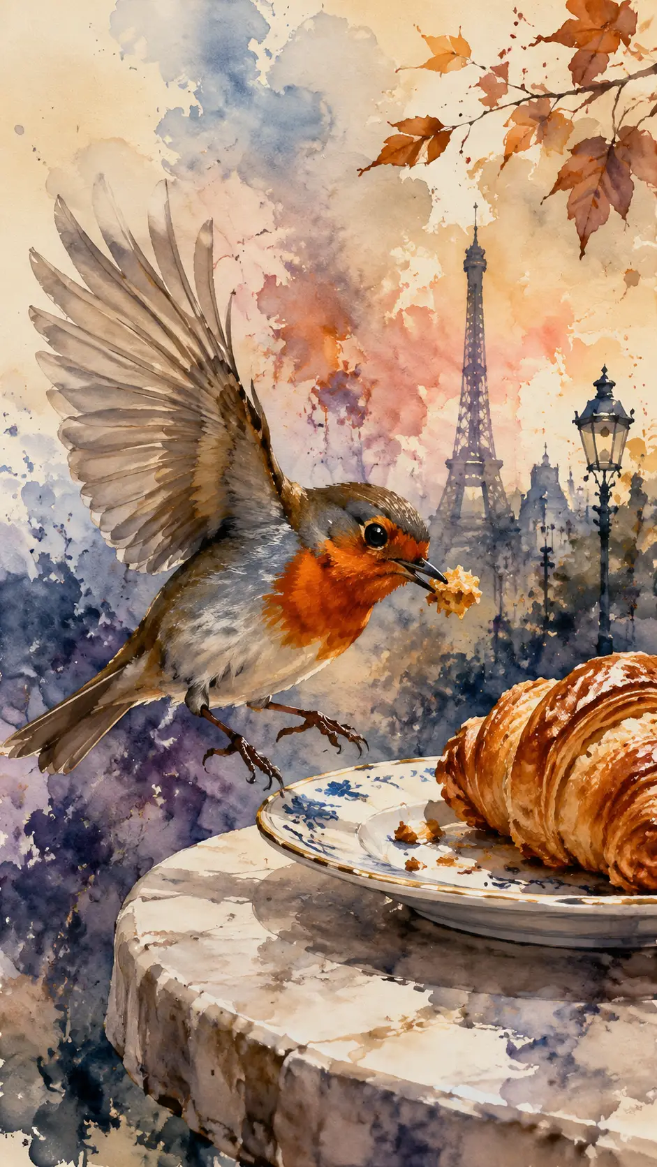 Aquarell-Rotkehlchen nimmt einen Krümel von einem Teller mit Croissant