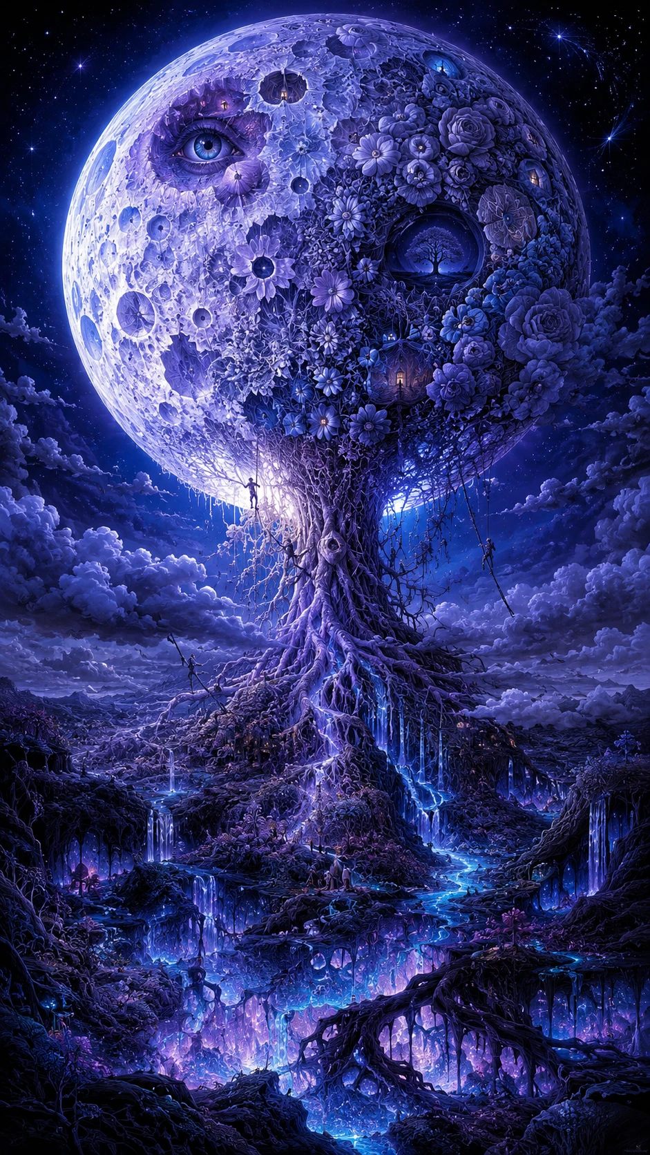 Énorme lune lumineuse au-dessus d’un paysage surréaliste de minuit