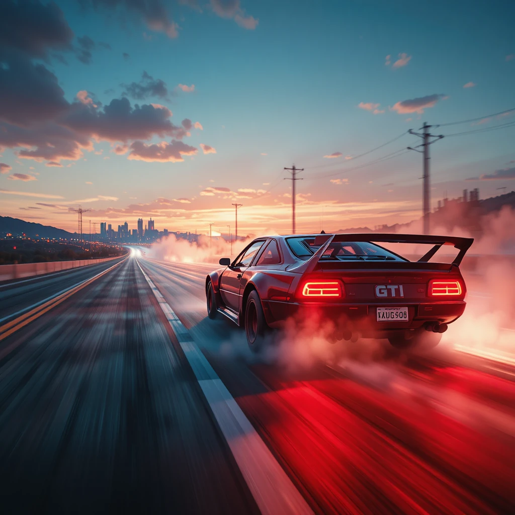 Futuristischer Sportwagen rast über eine neonbeleuchtete Stadtautobahn