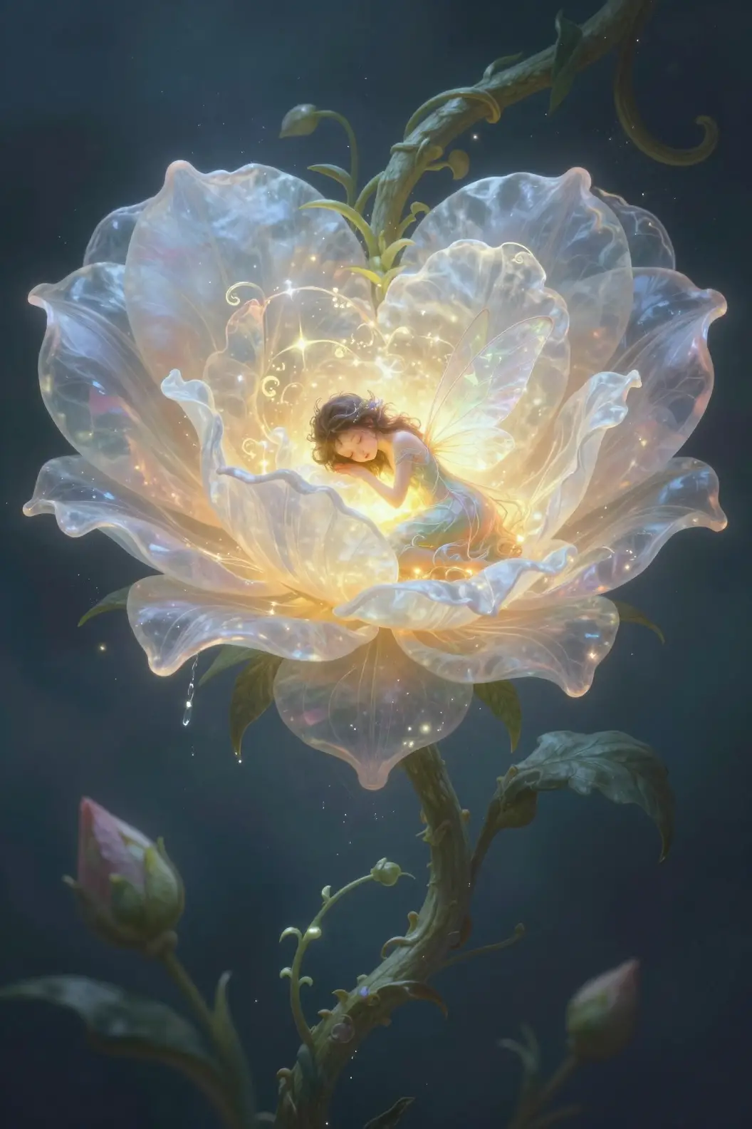 Glowing heart shaped flower cradling a tiny sleeping fairy