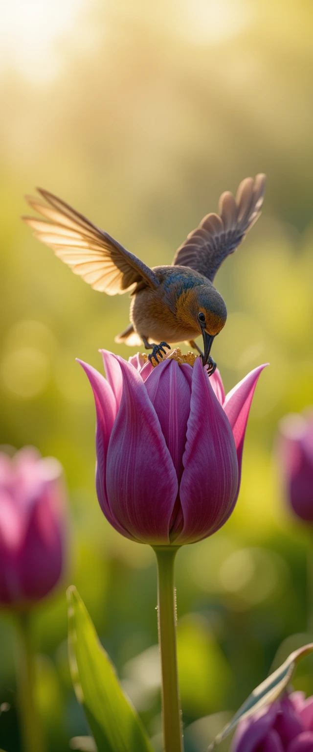 Beija-flor se alimentando dentro de uma tulipa roxa à luz do sol