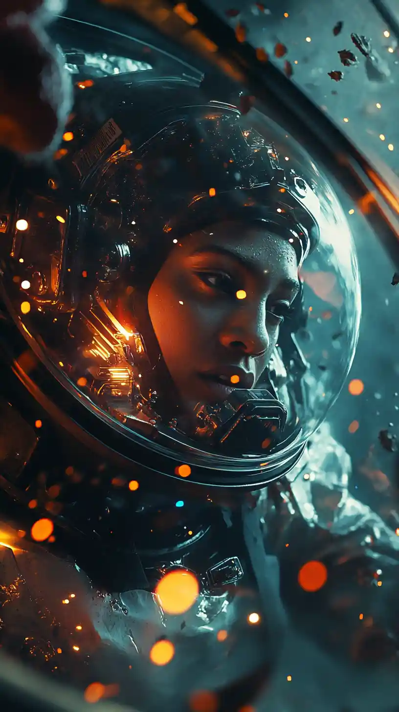 Piloto afrofuturista das profundezas em cockpit sci-fi luminoso