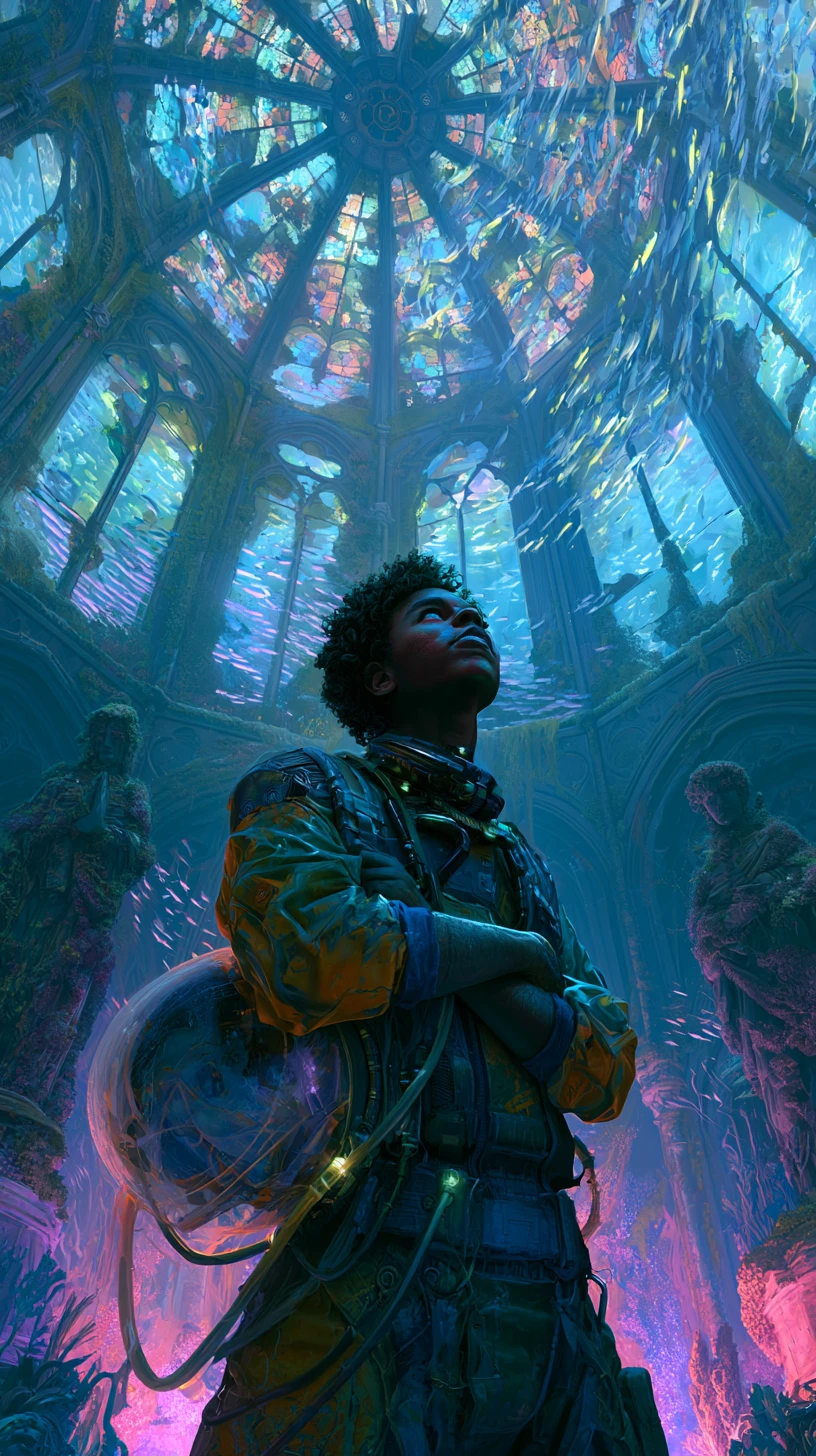 Piloto afrofuturista em uma vasta catedral submersa no fundo do mar