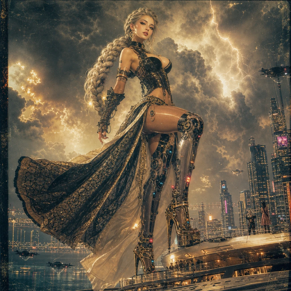 Cyborg-Göttin überragt eine futuristische Regenstadt