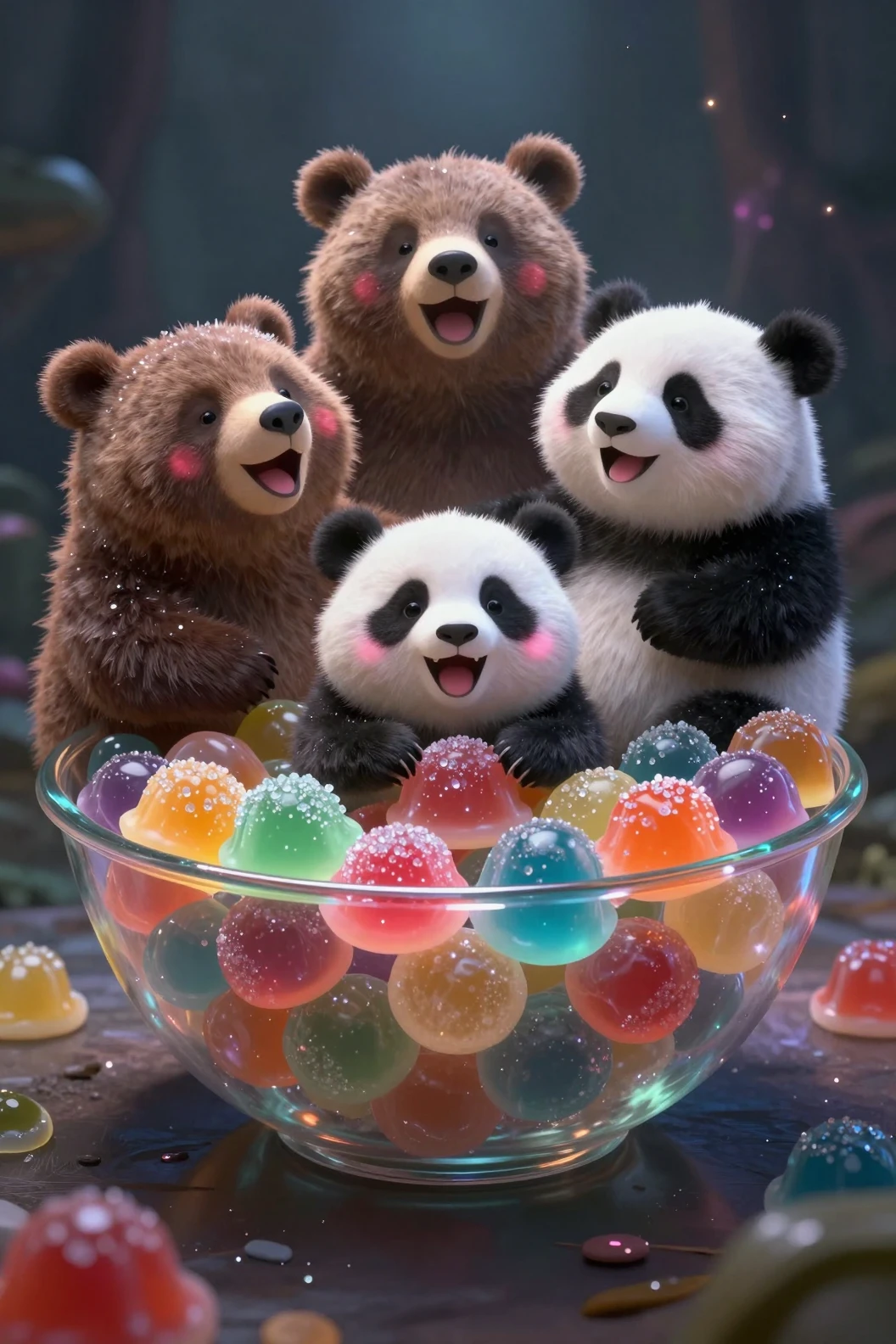 Joyful gummy bears and pandas in a magical candy bowl