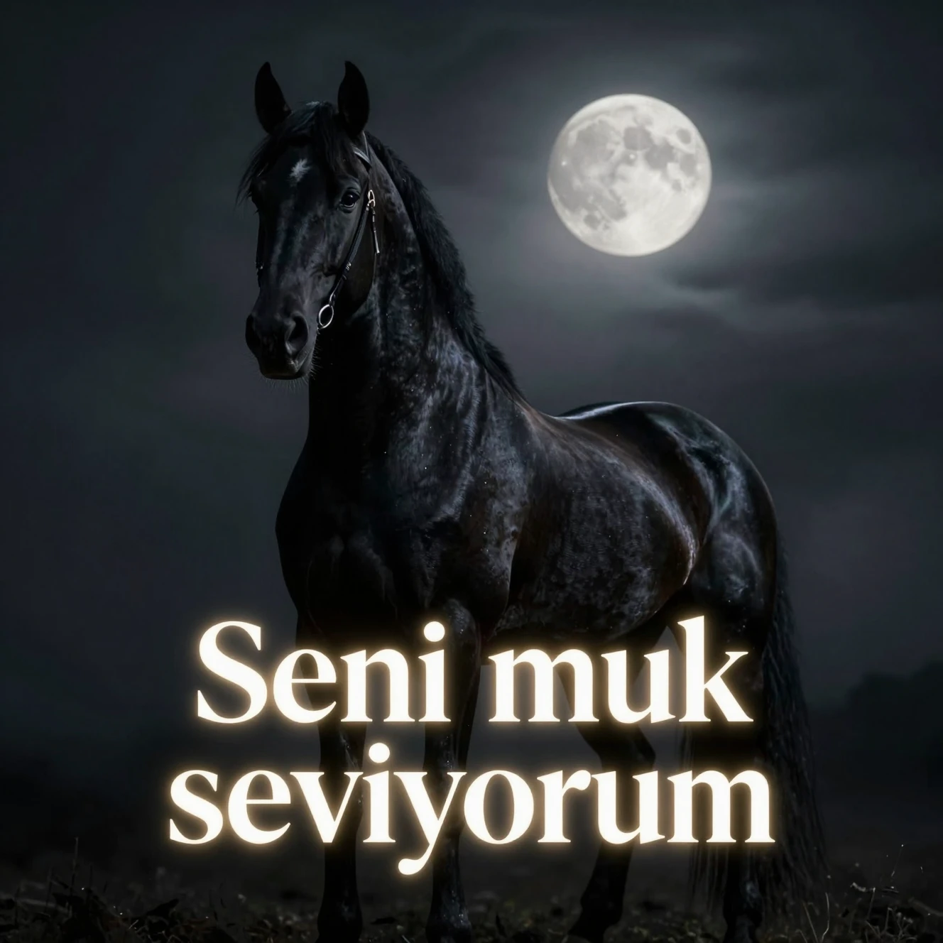 Frase romântica em turco sobre cavalo preto na névoa ao luar
