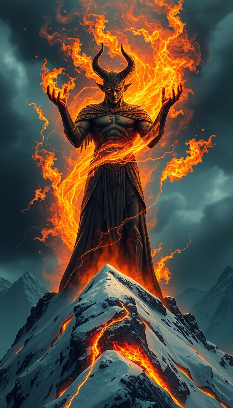 Mythische gottgleiche Gestalt, die auf einem Berggipfel Feuer beschwört