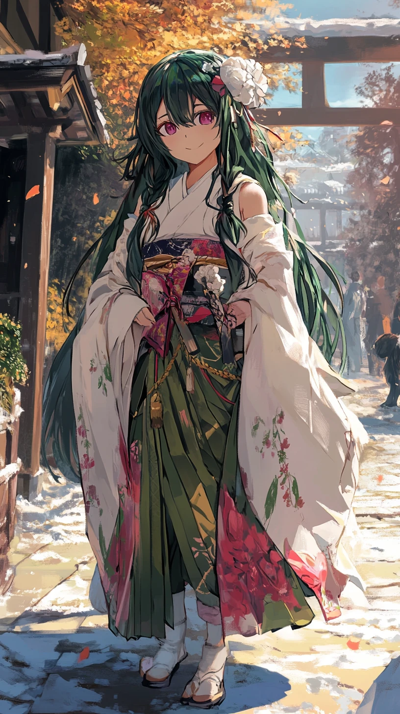 Chica de anime con acogedor atuendo de invierno y capa roja