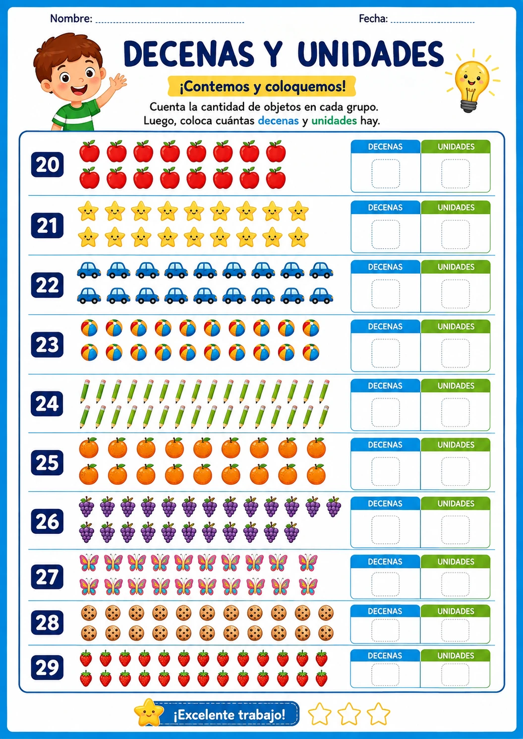 Math worksheet with tens and ones place value board