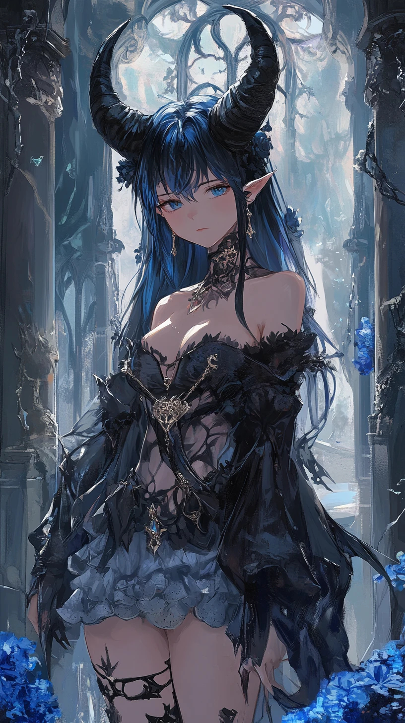Ragazza anime dai capelli blu con giacca con corna - design del personaggio