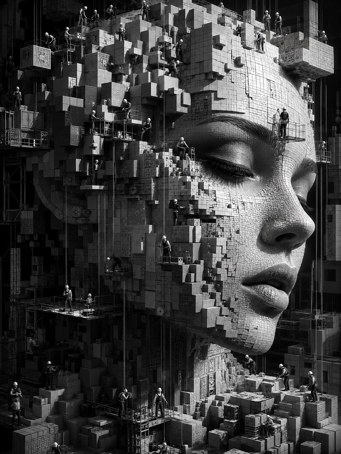 Rosto feminino surreal em tons de cinza formado por minúsculos blocos cúbicos