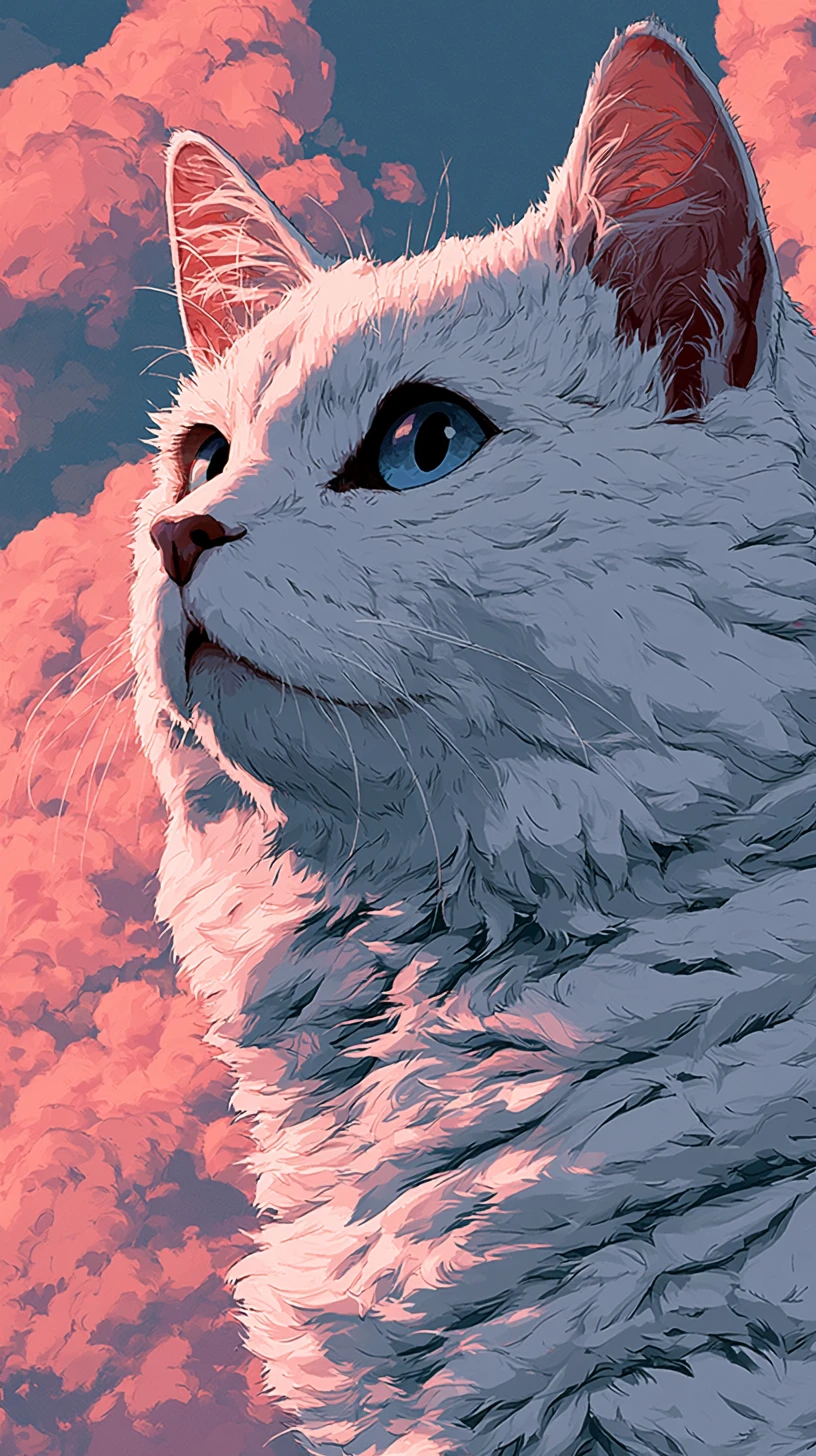 Adorable chat blanc aux grands yeux bleus dans des nuages roses