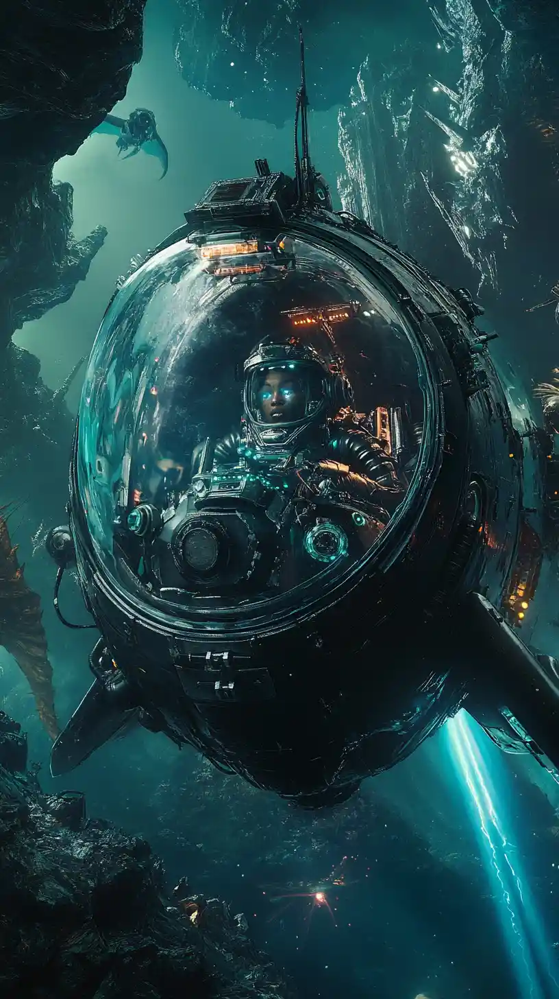 Piloto afrofuturista das profundezas do mar em um cockpit de vidro luminoso