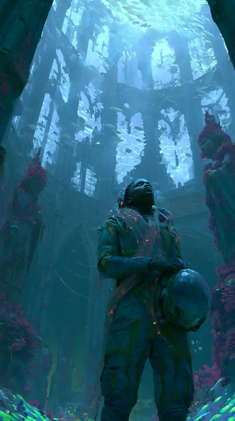 Afrofuturistischer Pilot in versunkener Kathedrale unter dem Ozean