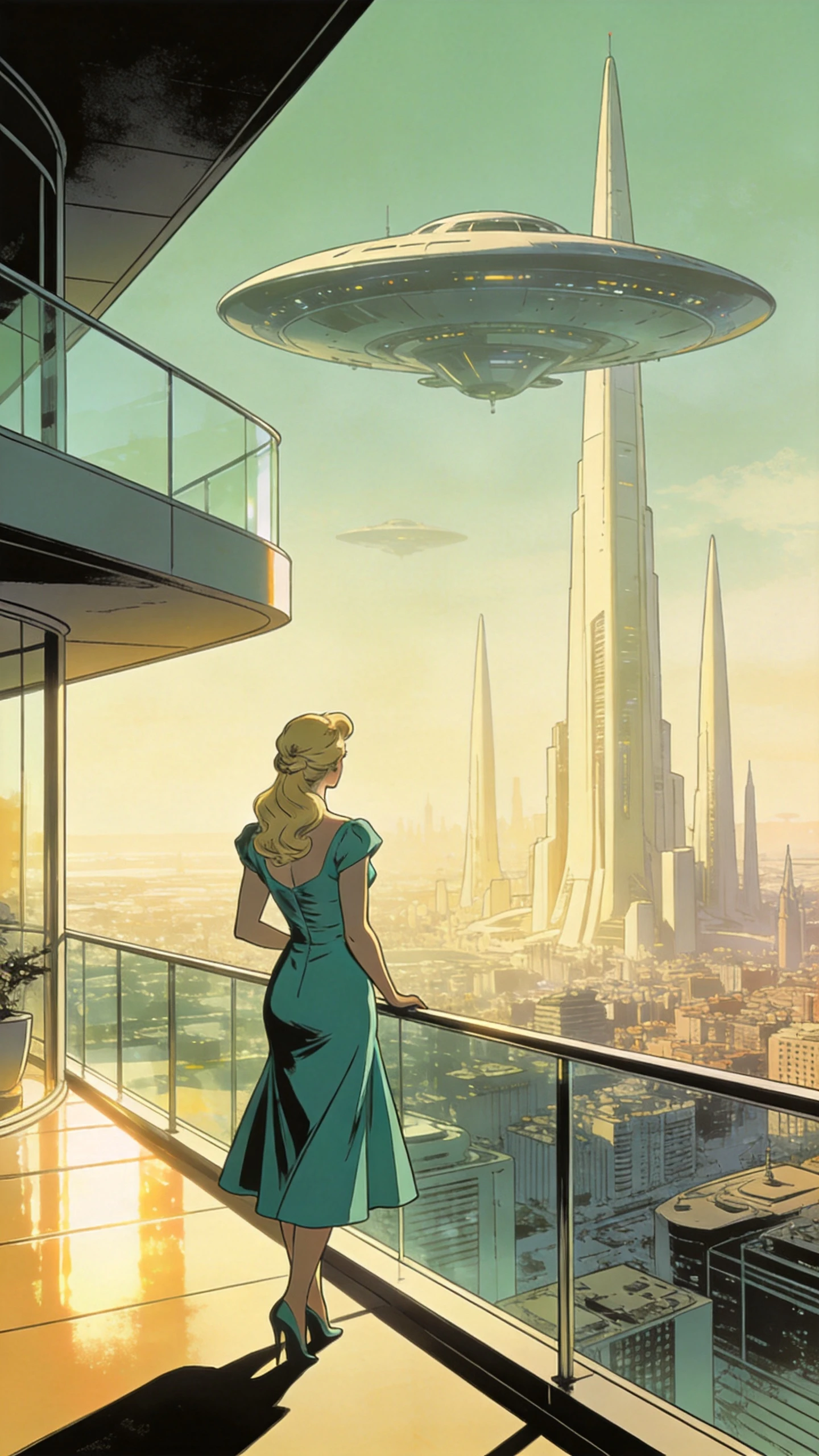 Mulher de vestido verde-azulado observando cidade sci-fi retrô futurista