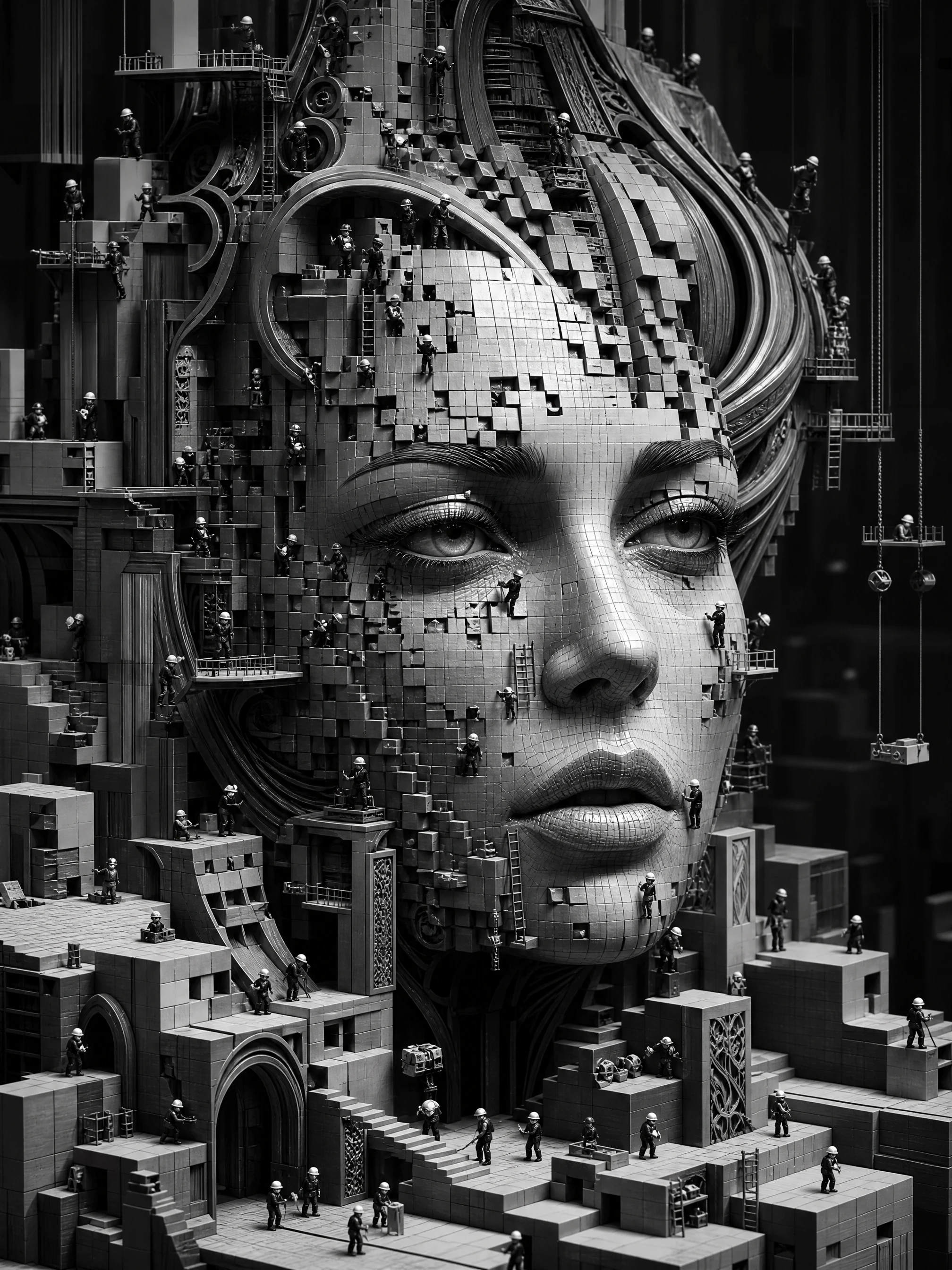 Rosto feminino surreal em tons de cinza formado por minúsculos fragmentos cúbicos
