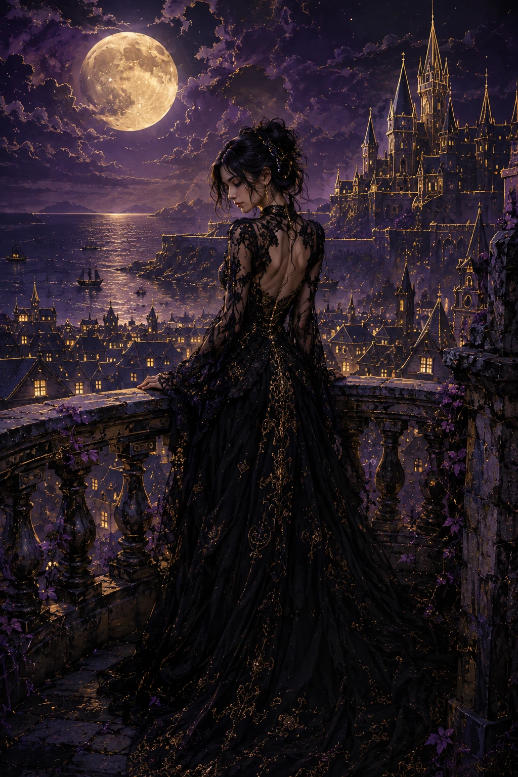 Femme gothique sur un ancien balcon sous une pleine lune lumineuse