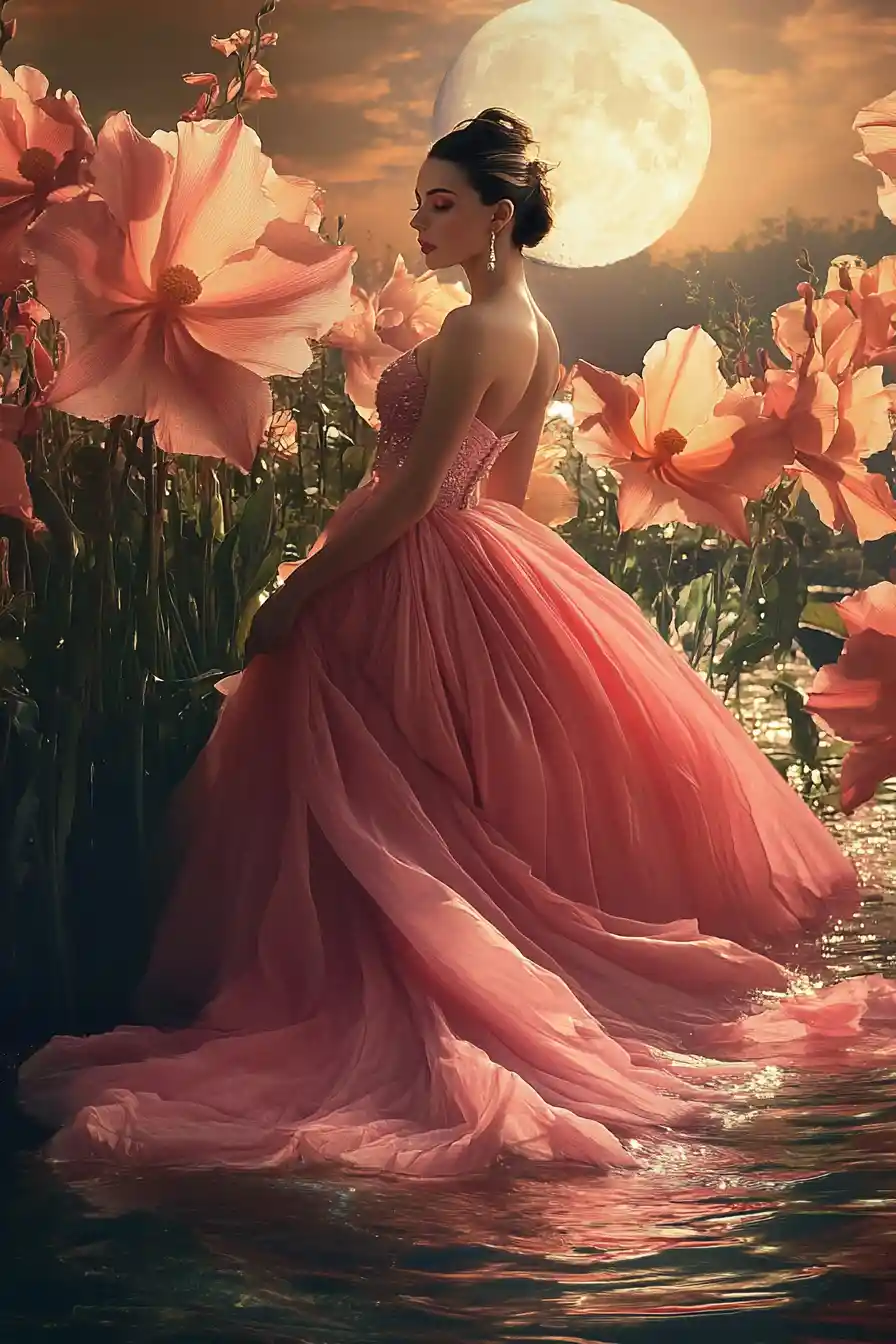 Elegant woman in pink gown gliding across tranquil lake