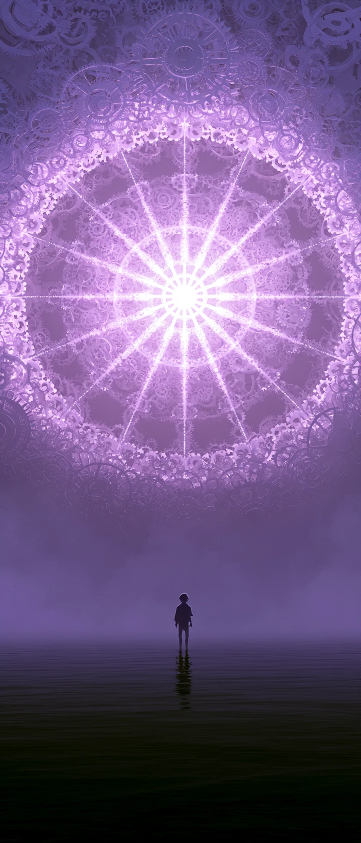 Viaggiatore solitario davanti a un anello di ingranaggi viola luminoso