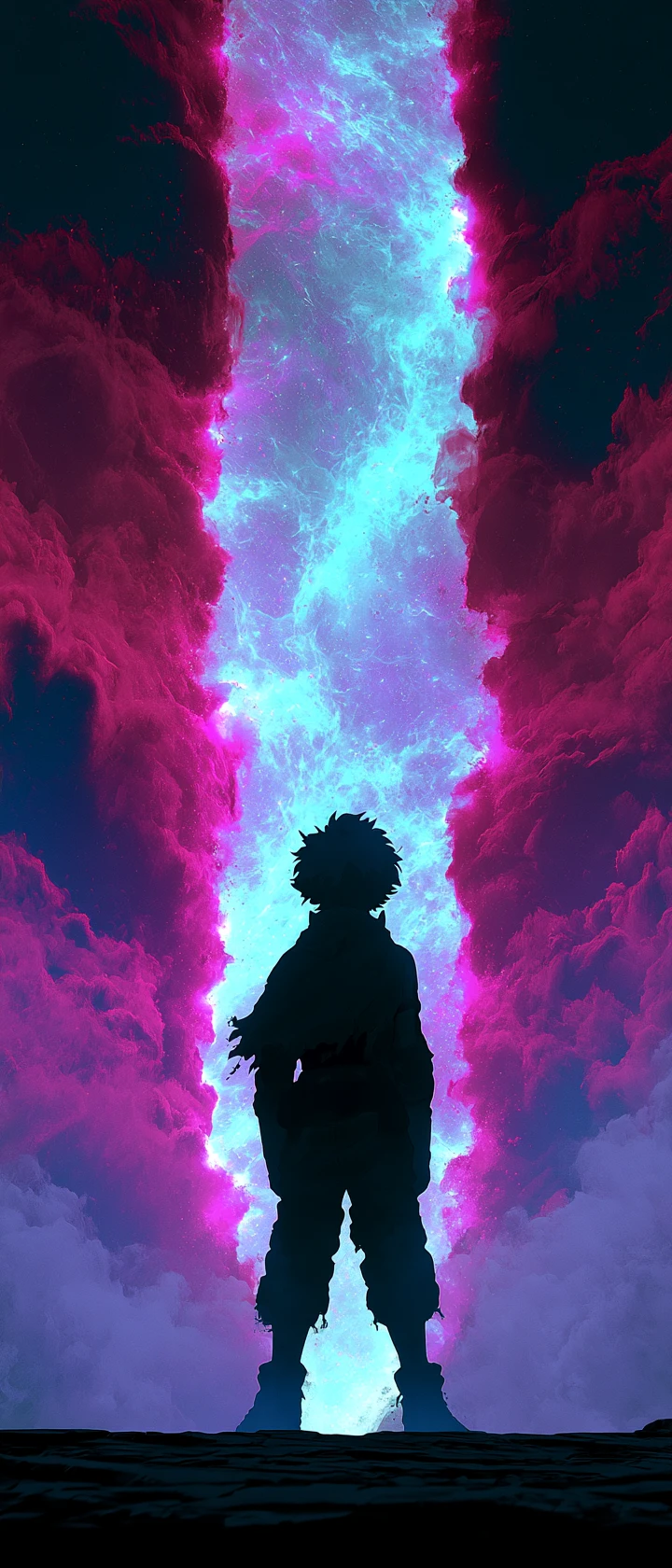 Silhueta de herói de anime diante de uma fenda cósmica brilhante