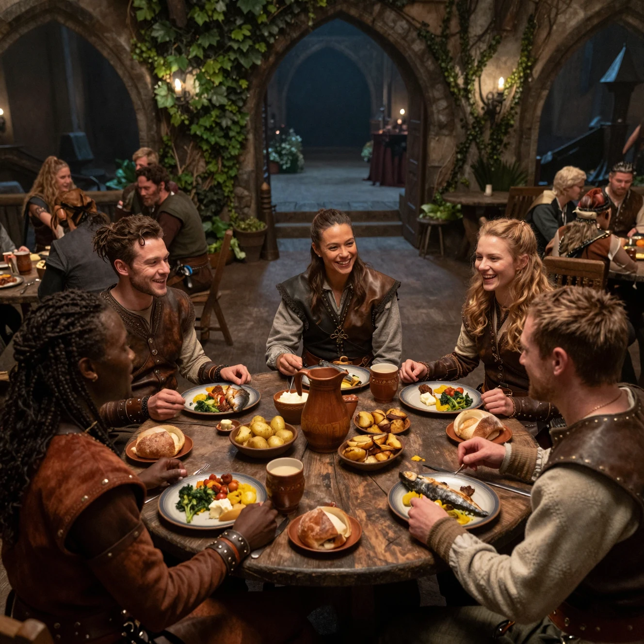 Des amis partageant un dîner dans une taverne fantastique la nuit