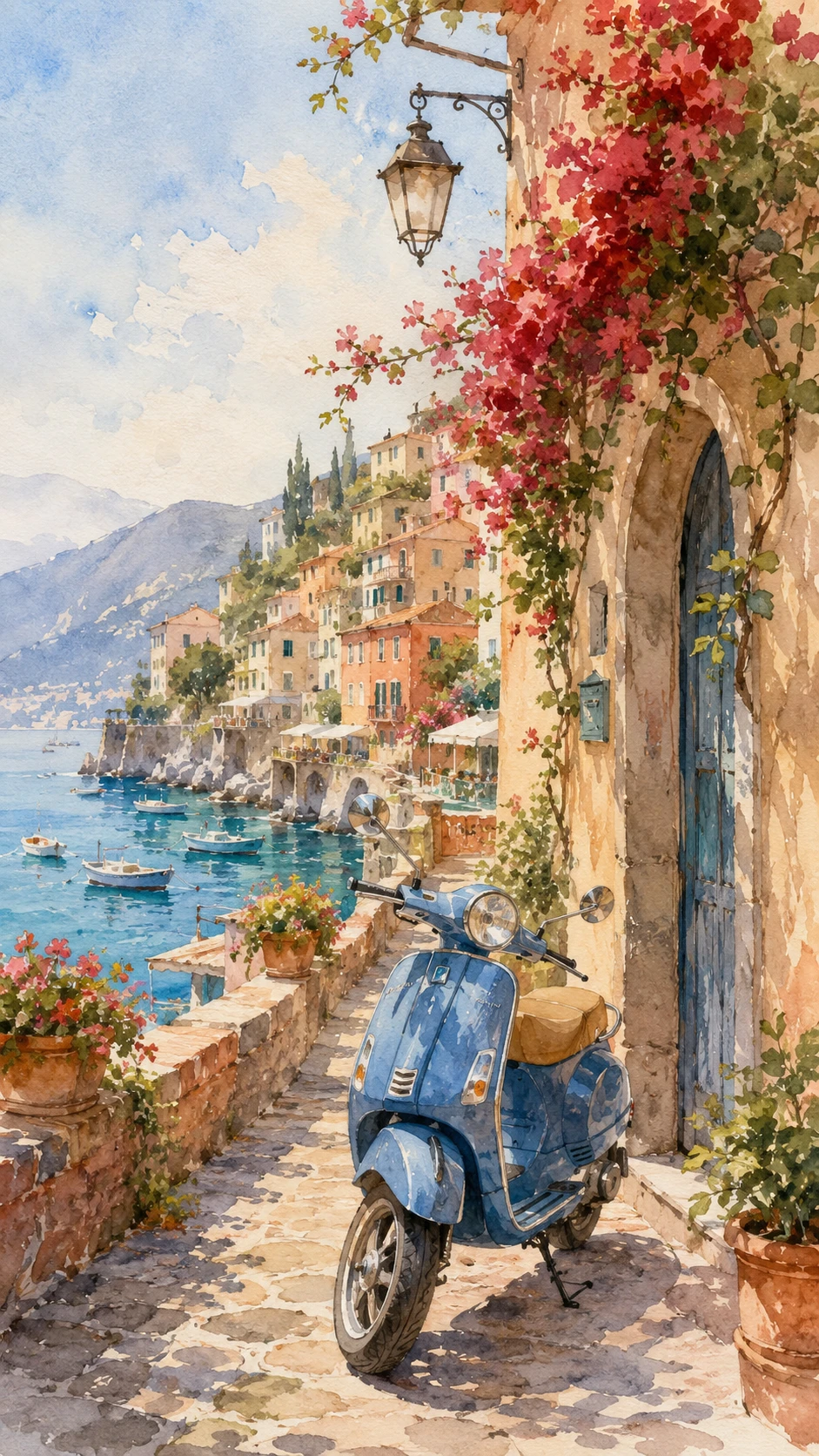 Watercolor view of an Italian seaside village with scooter
