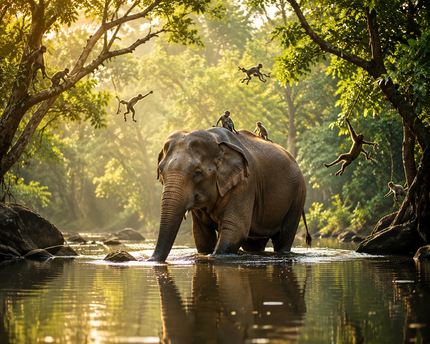 Elefante caminhando por um rio tranquilo na floresta com macacos