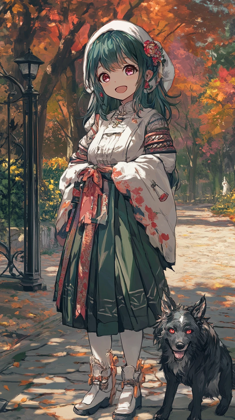 Fille d’anime en pull blanc douillet avec fleur rouge