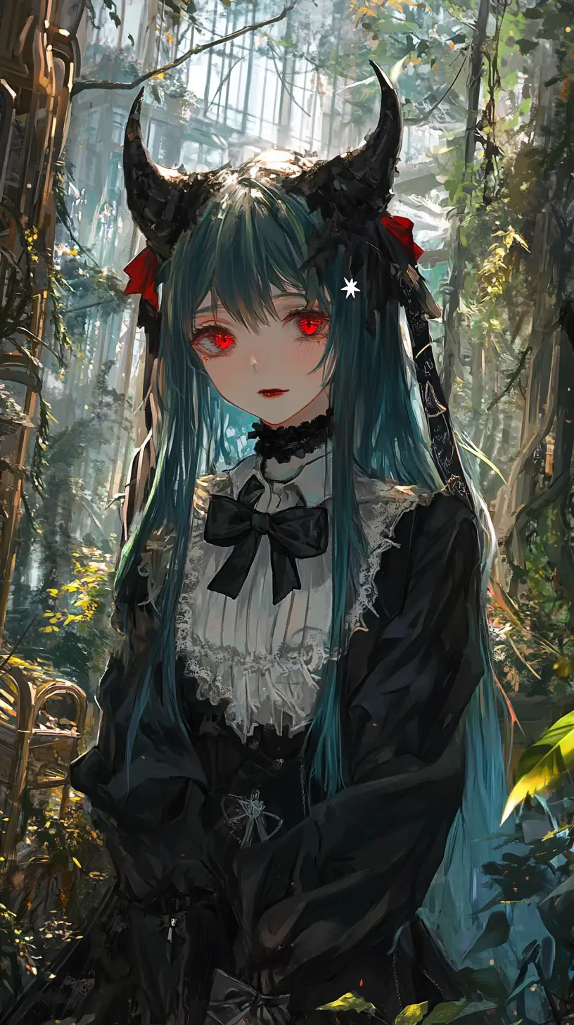 Anime greenhouse path with exotic plants and lamppost