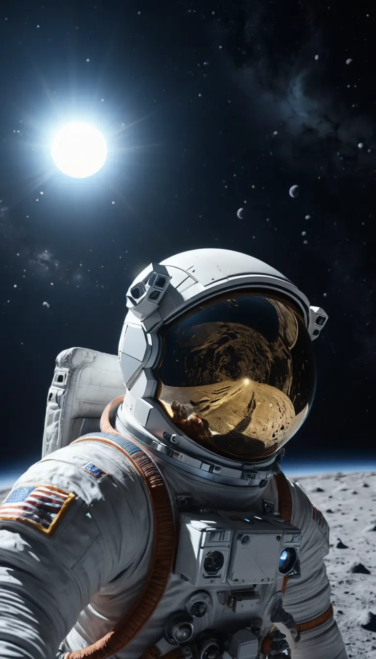 孤獨太空人漂浮在深邃宇宙與龐大月球旁