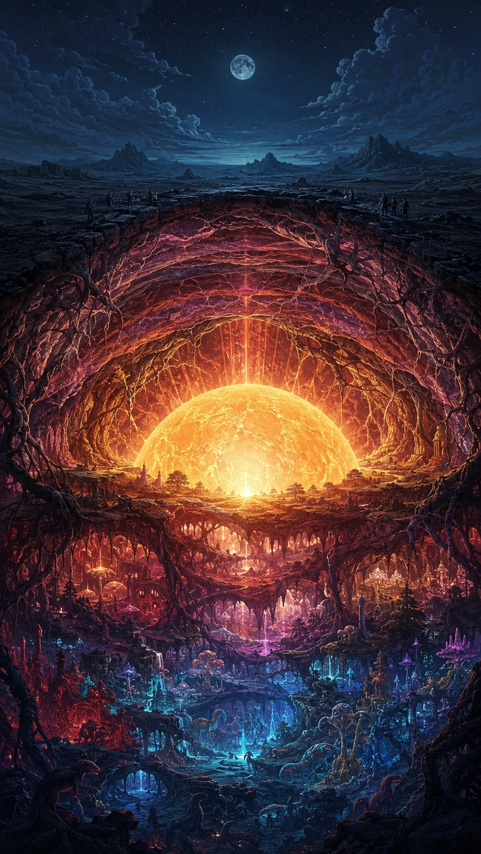 Surrealer unterirdischer Sonnenaufgang, der Höhlen und verborgene Städte erleuchtet