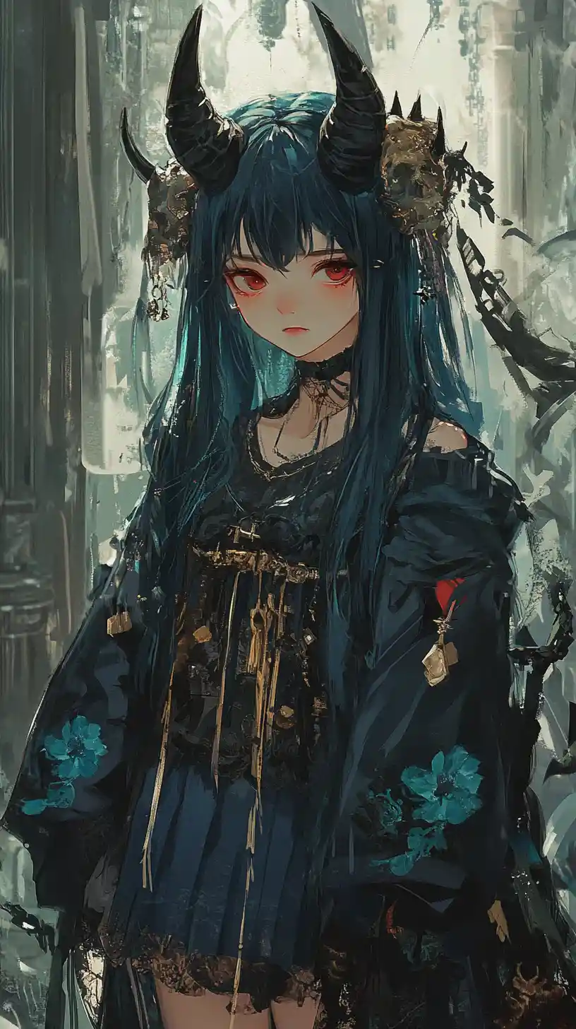穿著華麗奇幻裝束、長著惡魔角的動漫少女
