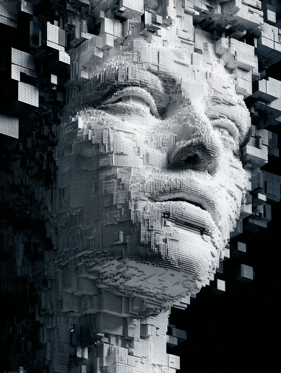 Rosto feminino surreal construído com minúsculos cubos e operários