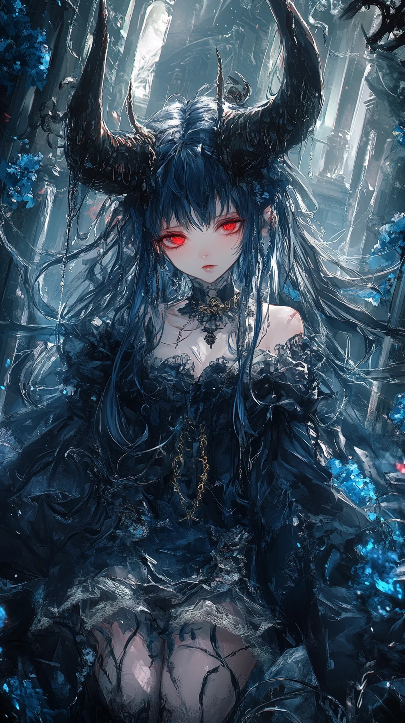 Ragazza anime con capelli blu scuro e corno demoniaco