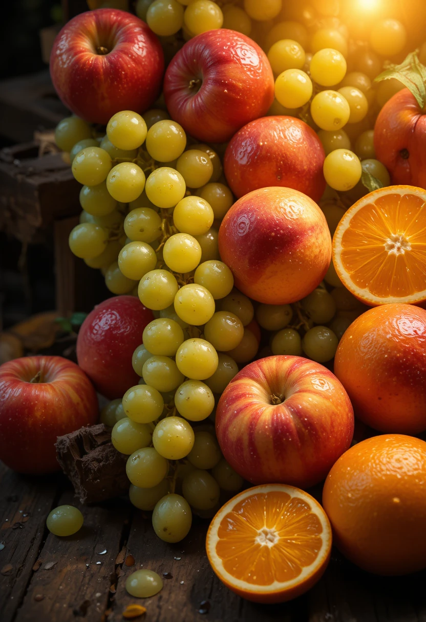 Fresh mixed fruits cascading on dark wooden planks
