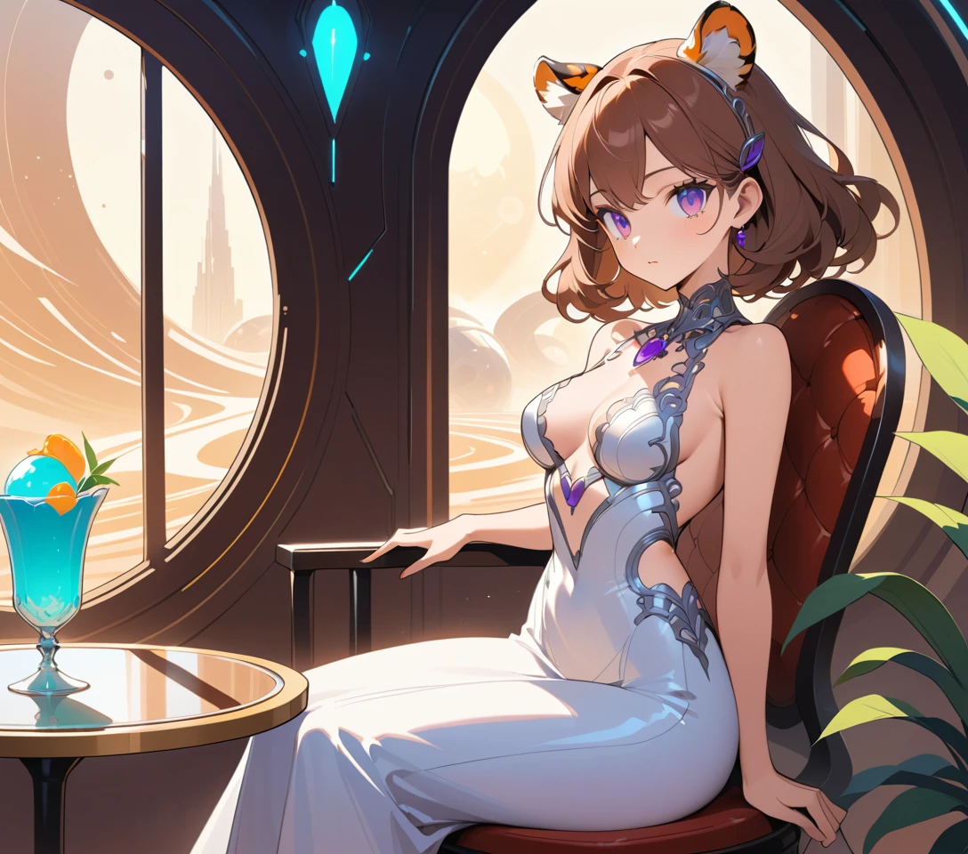 Elegante donna fantasy con orecchie da tigre in un caffè soleggiato