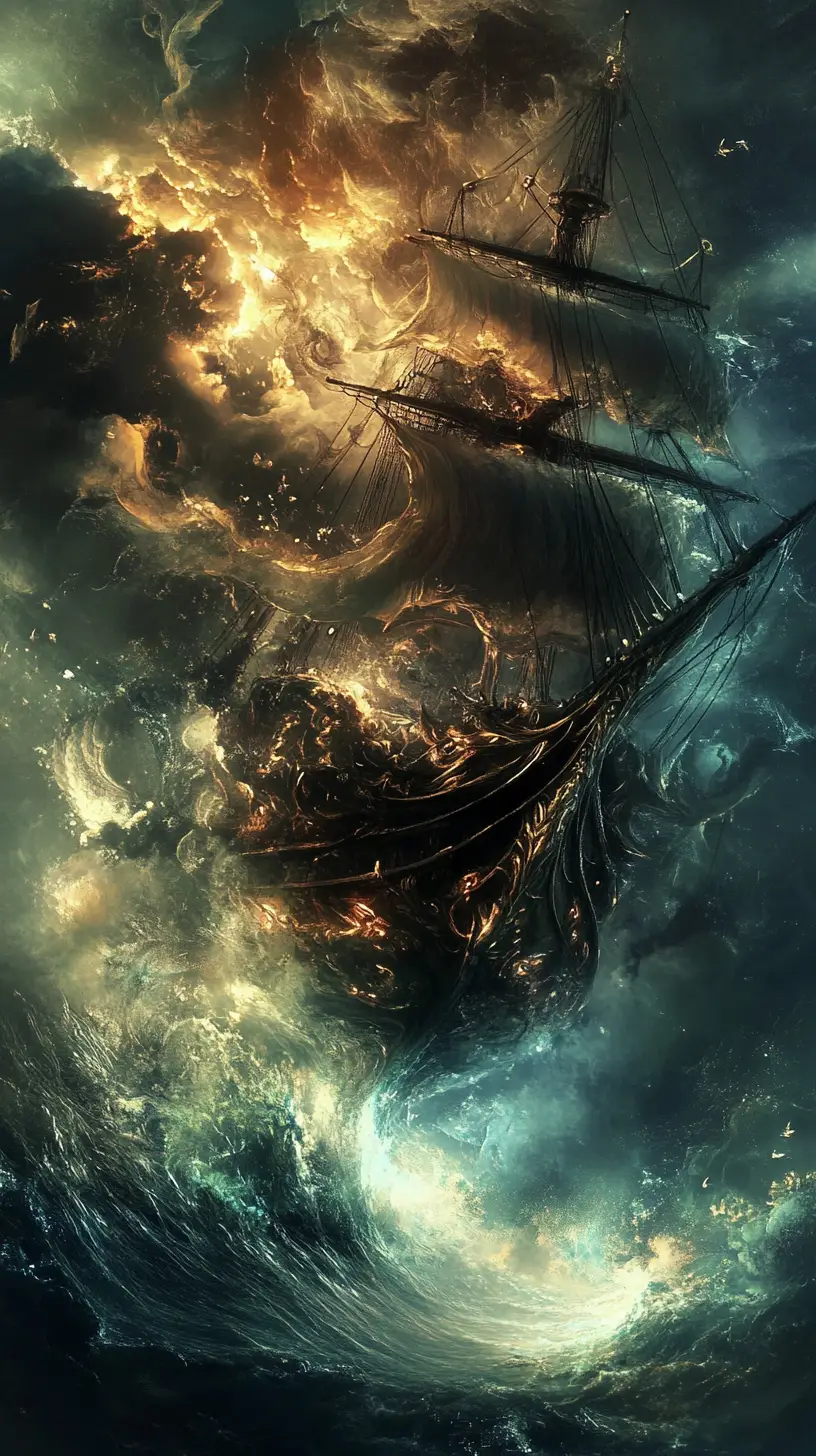 漂浮在超現實奇幻海上的動感幽靈船