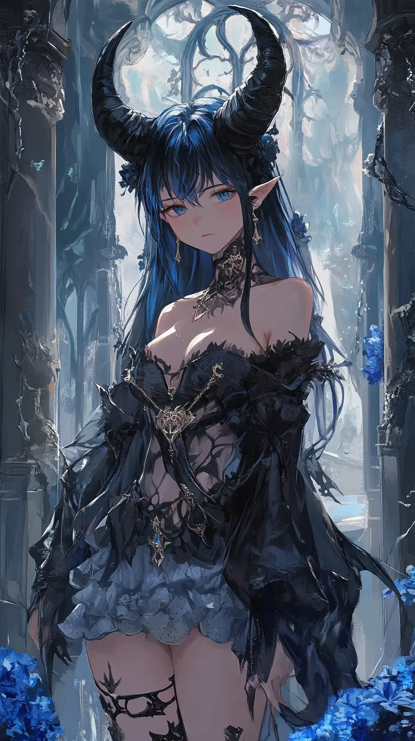 Ragazza anime dai capelli blu con giacca con corna - design del personaggio