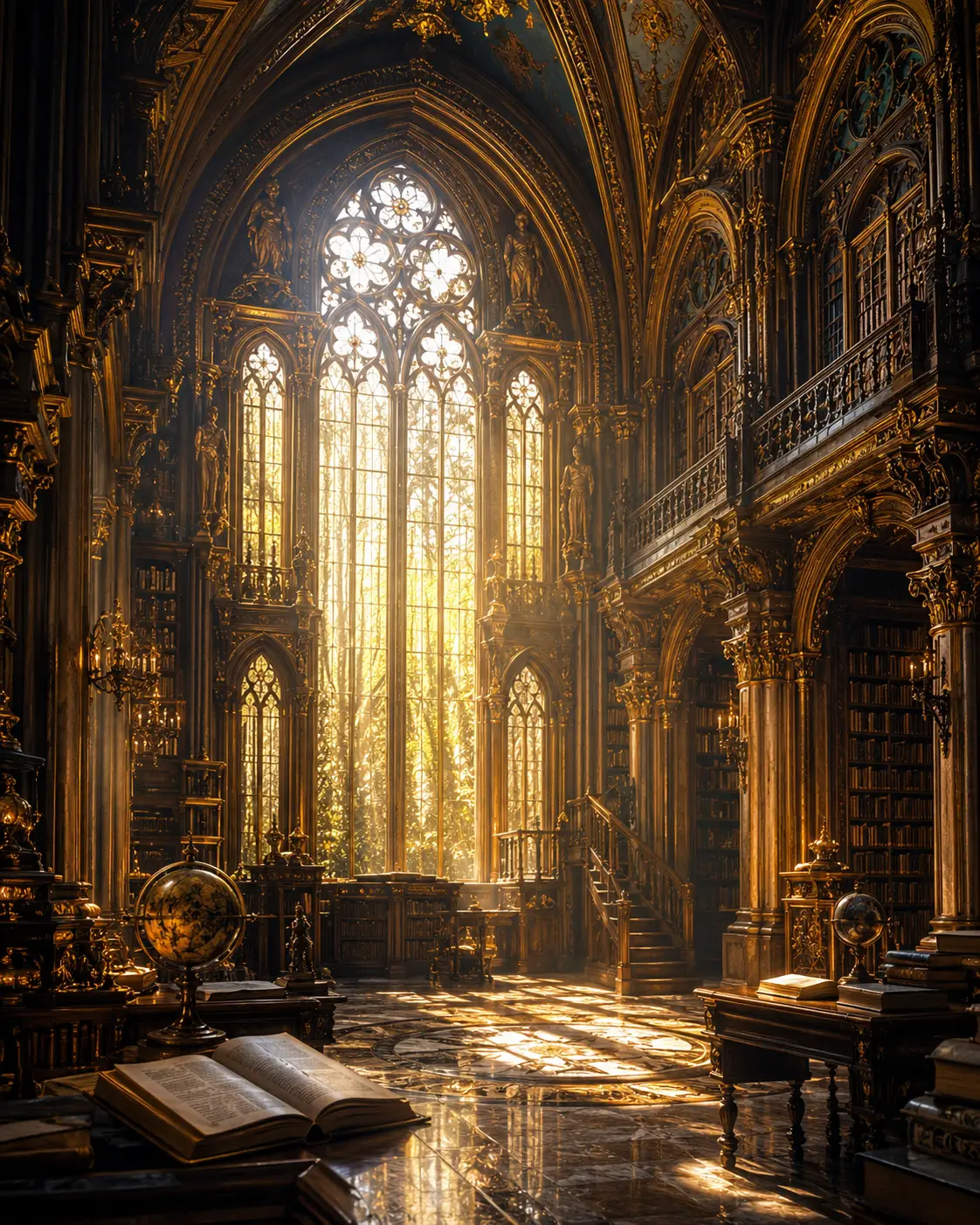 Grand fantasy gothic library with soaring baroque arches