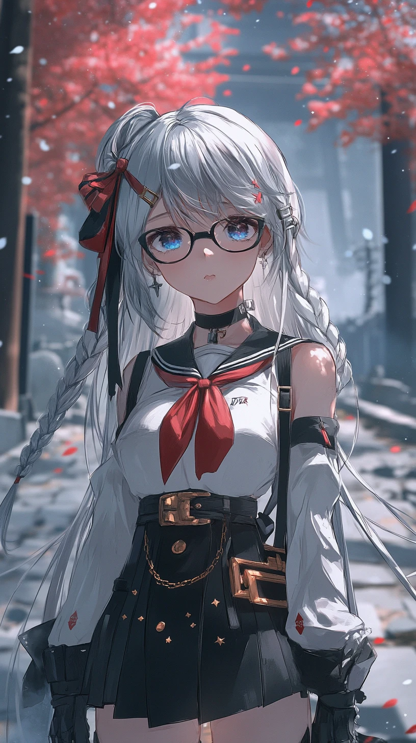 Anime-Mädchen mit silbernem Zopf und Schach-Emblem-Outfit