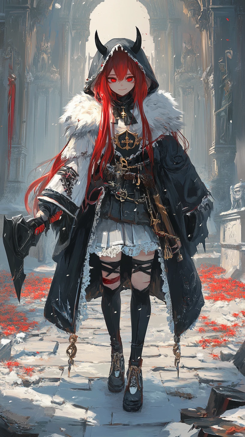 Red haired anime girl wielding a battle hammer