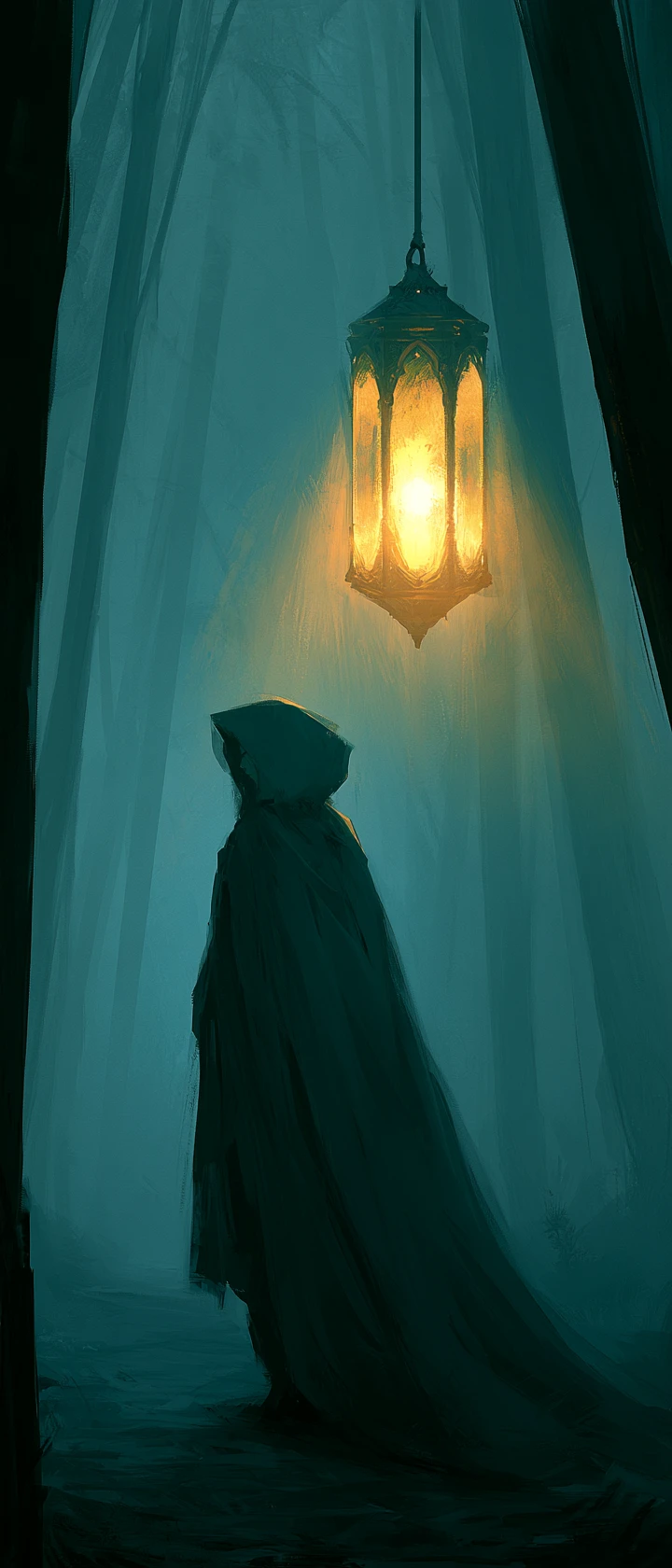 Anime figure with glowing lantern in a foggy dark forest