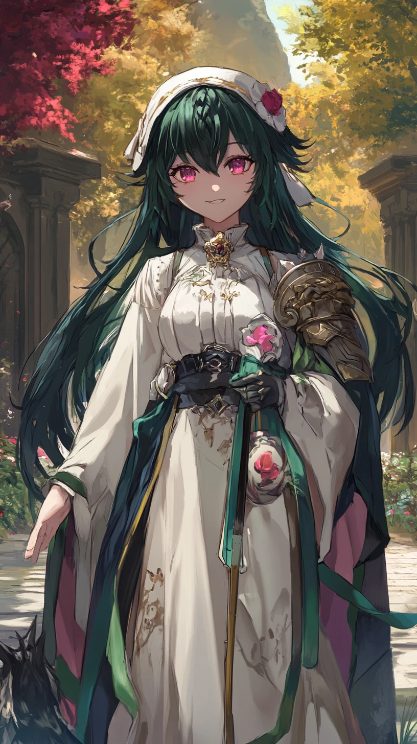 Smiling anime girl in layered outfit with green hair