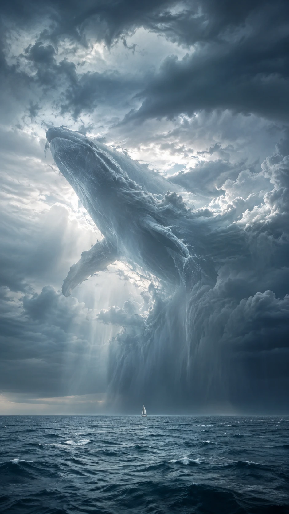 Céu tempestuoso sobre o oceano formando a silhueta de uma baleia gigante