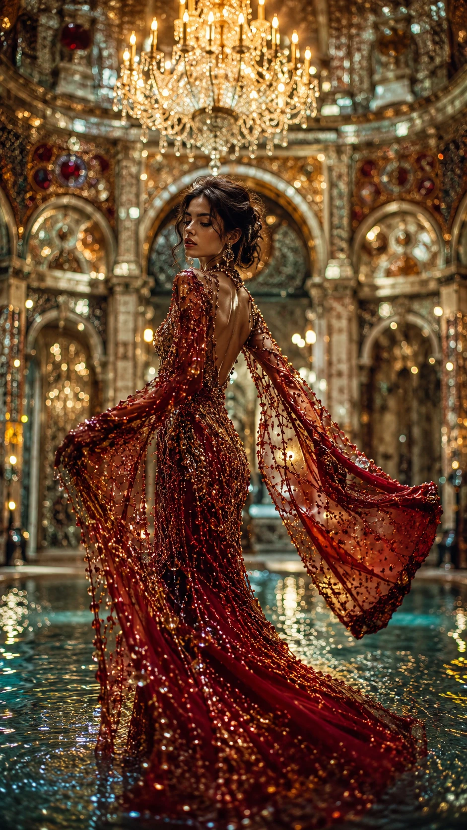 Mulher surreal em palácio veneziano de vidro e ouro