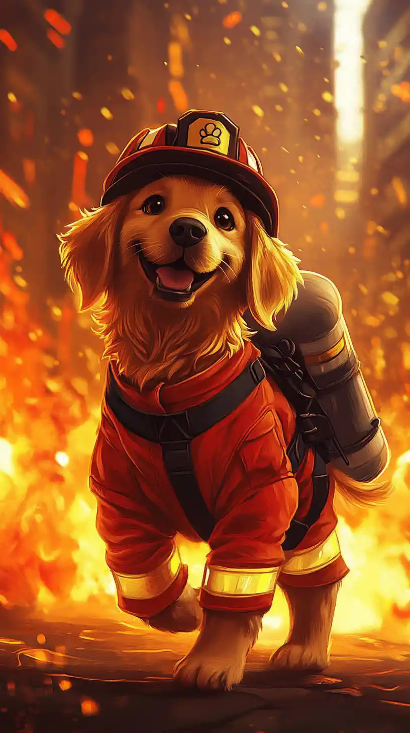 Heroic cartoon firefighter dog in a burning city street