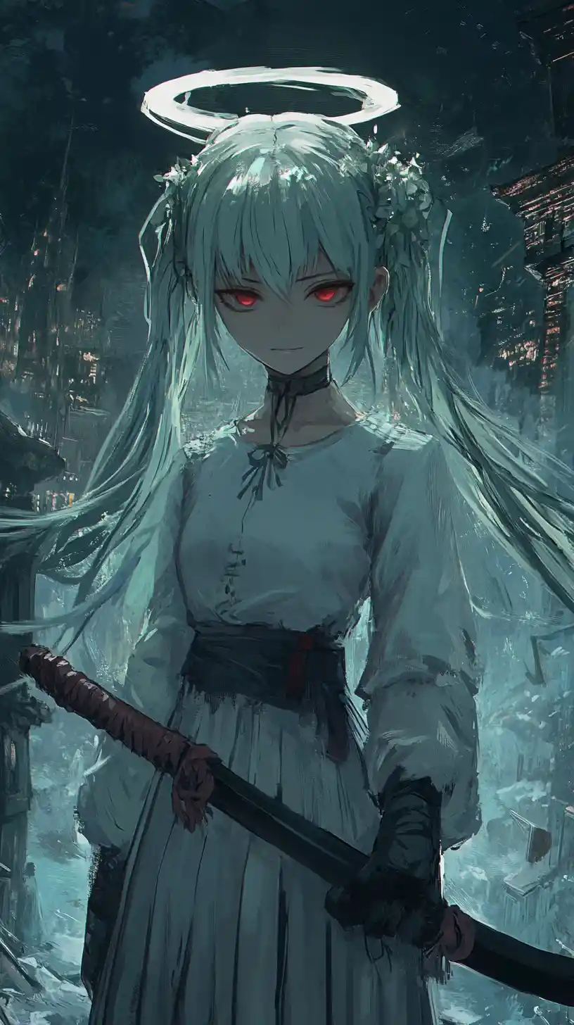 Garota de anime com cabelo branco trançado em roupa manchada
