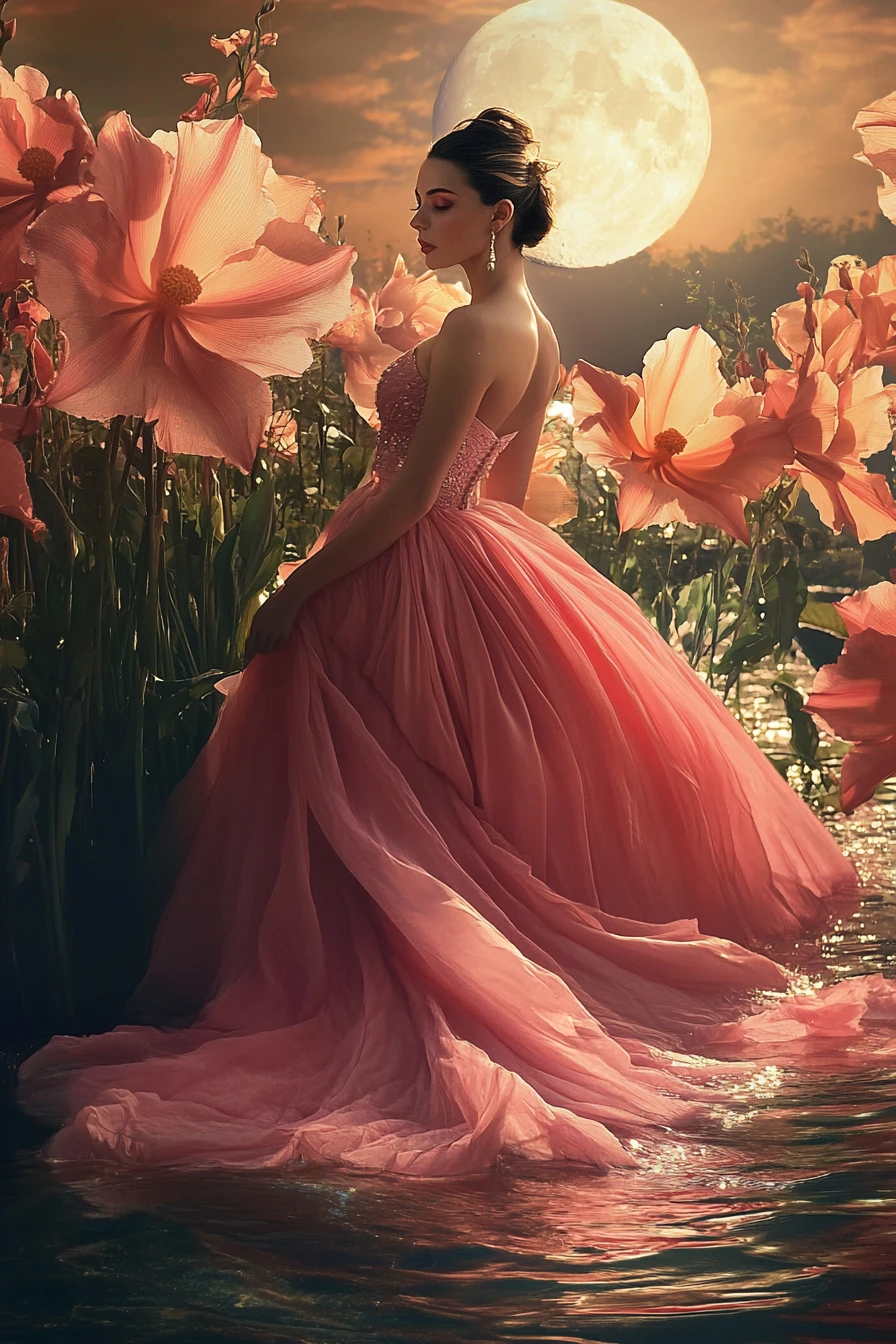 Elegant woman in pink gown gliding across tranquil lake