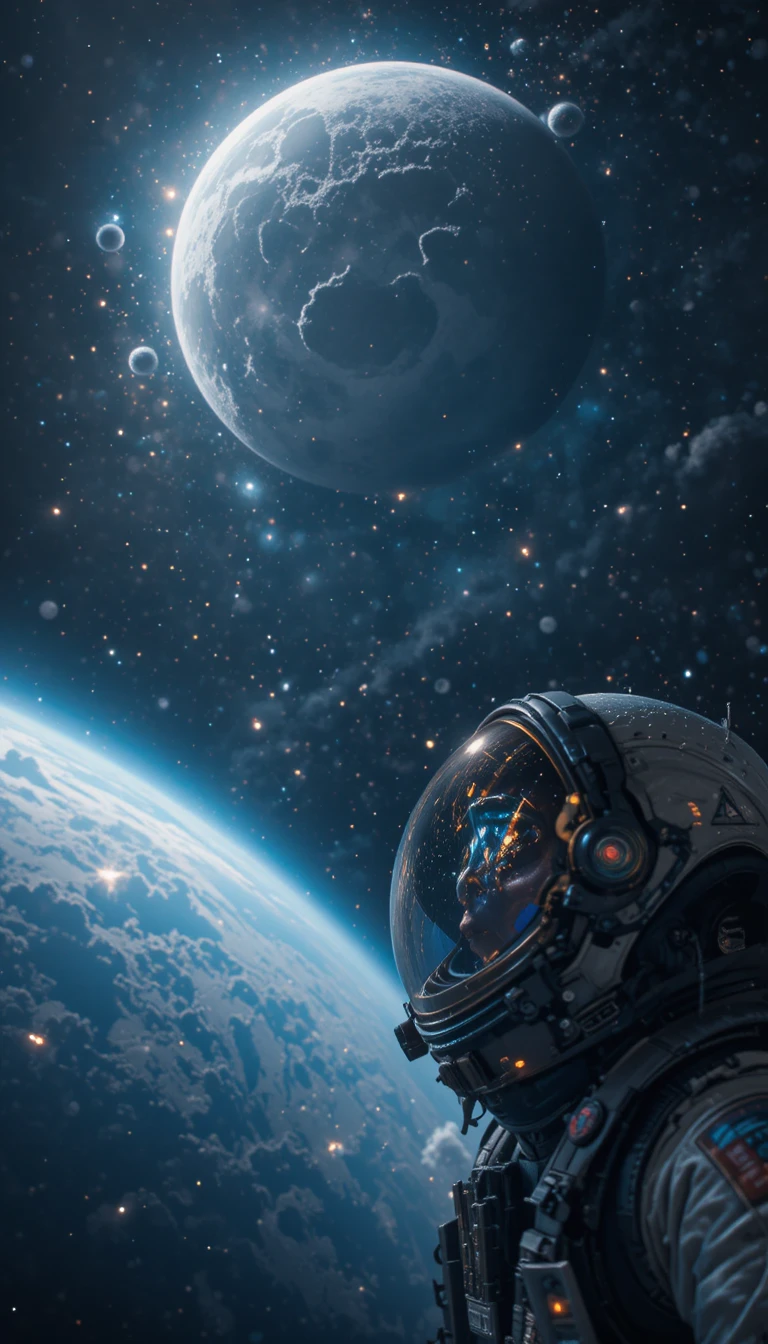 Lone astronaut floating in outer space before a vast moon
